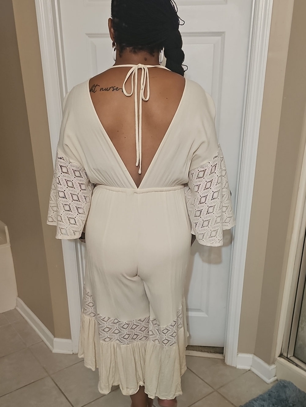 Cream Lace-Trim Halter-Back Jumpsuit